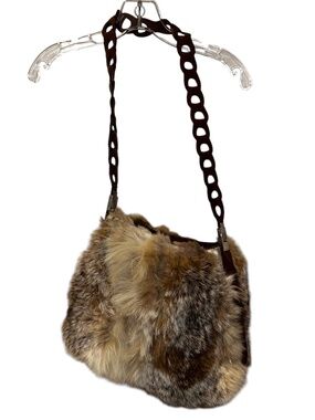 Real Fur coyote? brown leather trim strap purse bag